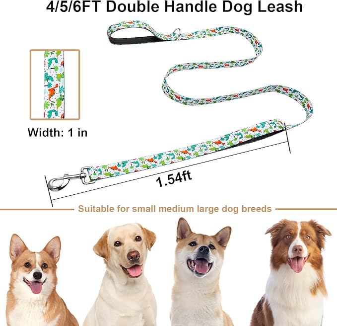 4 Foot Dog Leash for Medium Large Dogs, Double Handle Dog Leash with Padded Traffic Control Handles, Walking Training Lead, Dinosaur