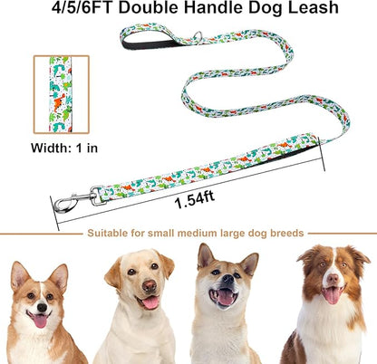 5 Foot Dog Leash for Medium Large Dogs, Double Handle Dog Leash with Padded Traffic Control Handles, Walking Training Lead, Dinosaur