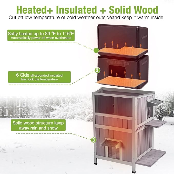 GUTINNEEN Heated Outdoor Cat House Insulated Weatherproof Outside Feral Cat Shelter for Winter with Heater and Insulated Liner Two Story, 28" L x 23" D x 34.4" H