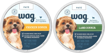 Amazon Brand – Wag Wet Dog Food Cups, Variety Packs Chicken & Lamb Pate, 3.5oz (12 Pack)