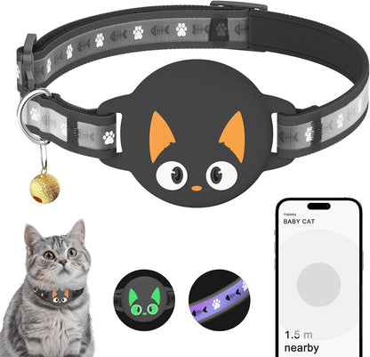 Airtag Cat Collar Breakaway, Reflective Kitten Collar with Apple Air Tag Holder and Bell for Girl Boy Cats, Lightweight Cat Collars for Apple AirTag, Hidden GPS Tracker Holder for Cats, Black (9-13")