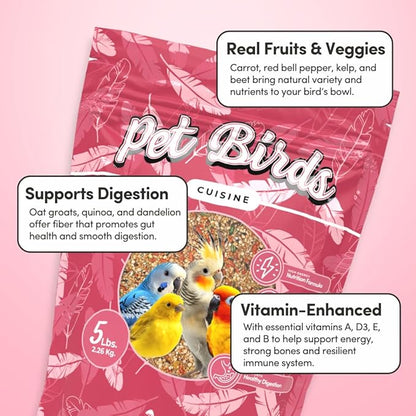 Mycelium Pet Bird Cuisine Bird Food (5 LB Bag) | Organic Parakeet Food, Cockatiel & Lovebird Seed Mix | High Protein, Vitamins & Minerals with Fruits & Vegetables | Non-GMO, USA Made
