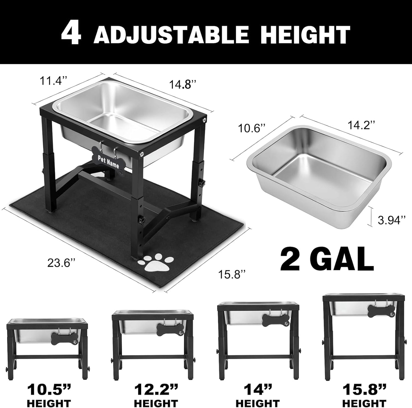 2 Gallon Elevated Large Dog Water Bowl, 4 Adjustable Height 10.5-15.8'' Raised Stainless Steel Bowl Stand with Anti-Slip Mat for Large Breed, Metal Dog Feeding Station for Relief Joint Pressure