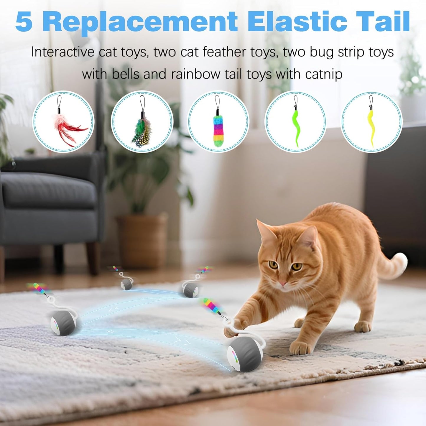 Cat Toys Interactive for Indoor Cats, Touch & Sound Smart Control - Fast slow 2 Speed Motion Activated Cat Ball Toy for Bored Cats With LED Lights, Feathers Tail, USB Charging Cable, 6in1 - Gray