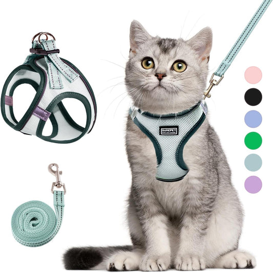 Cat Harness and Leash Set, Soft and Breathable Vest with Reflective Strip, Escape Proof Kitten Harness, Easy to Wear for Cats Walking and Traveling (Light Green, S)