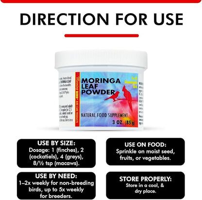 Morning Bird Moringa Leaf Powder 3 oz – Natural Food Supplement for Birds, Rich in Vitamins & Minerals, Boosts Immune System & Energy, Supports Healthy Feathers, Digestion, and Overall Avian Wellness