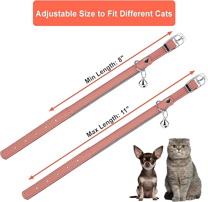 OOPSDOGGY Rolled Leather Cat Collar with Bell, Reflective Kitten Collars with Buckle Include Safety Elastic Strap - Adjustable Small Pet Collars for Boy Girl Cats (Peach)