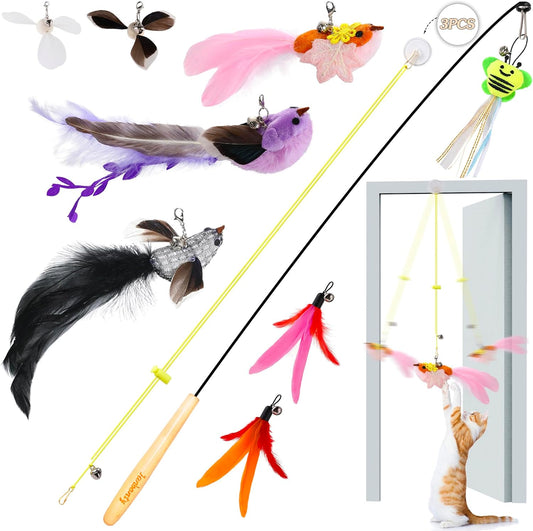 Flying Bird Cat Toy,8Pcs Durable Interactive Cats Wand Replacements,Hanging Cat Toy Suitable for Bored Indoor Cats Self Play