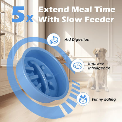 SHAINFUN Blue Raised Dog Bowl Stand with Two 1700ml Stainless Steel Food Bowl, a Slow Feeder and Spill Proof Mat, Adjustable Elevated Dog Bowls for Large Medium and Small Breeds