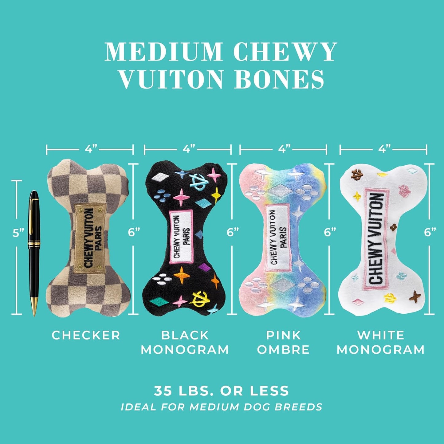 Haute Diggity Dog Medium Chewy Vuiton Bones Plush Dog Toys for Small, Medium & Large Dogs, 4-Pack Durable Stuffed Designer-Inspired Pet Toys with Interactive Squeaker, Machine-Washable & Safe