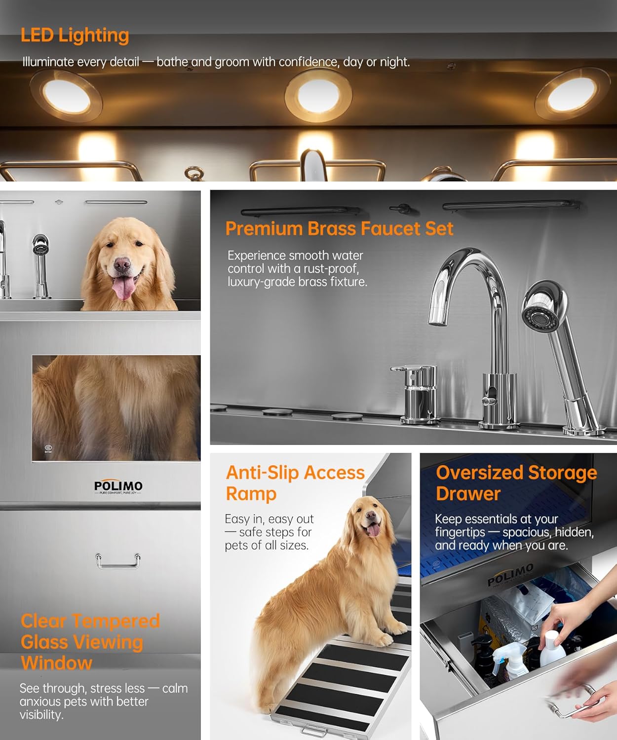 POLIMO Dog Washing Station, LED Professional Stainless Steel Dog Bathing Station 61", Dog Grooming Tub for Large, Medium & Small Dog - with Window, Ramp, Drawer, Floor Grate & Faucet (Left Ramp, 61")