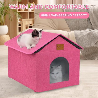Outdoor Cat House for Shelter Feral Cat, Outside Waterproof Cat House for Outdoor/Indoor Cats, Insulated Cat Bed for All Seasons with Cozy Cushion (Rose Pink, Large Zip Style)