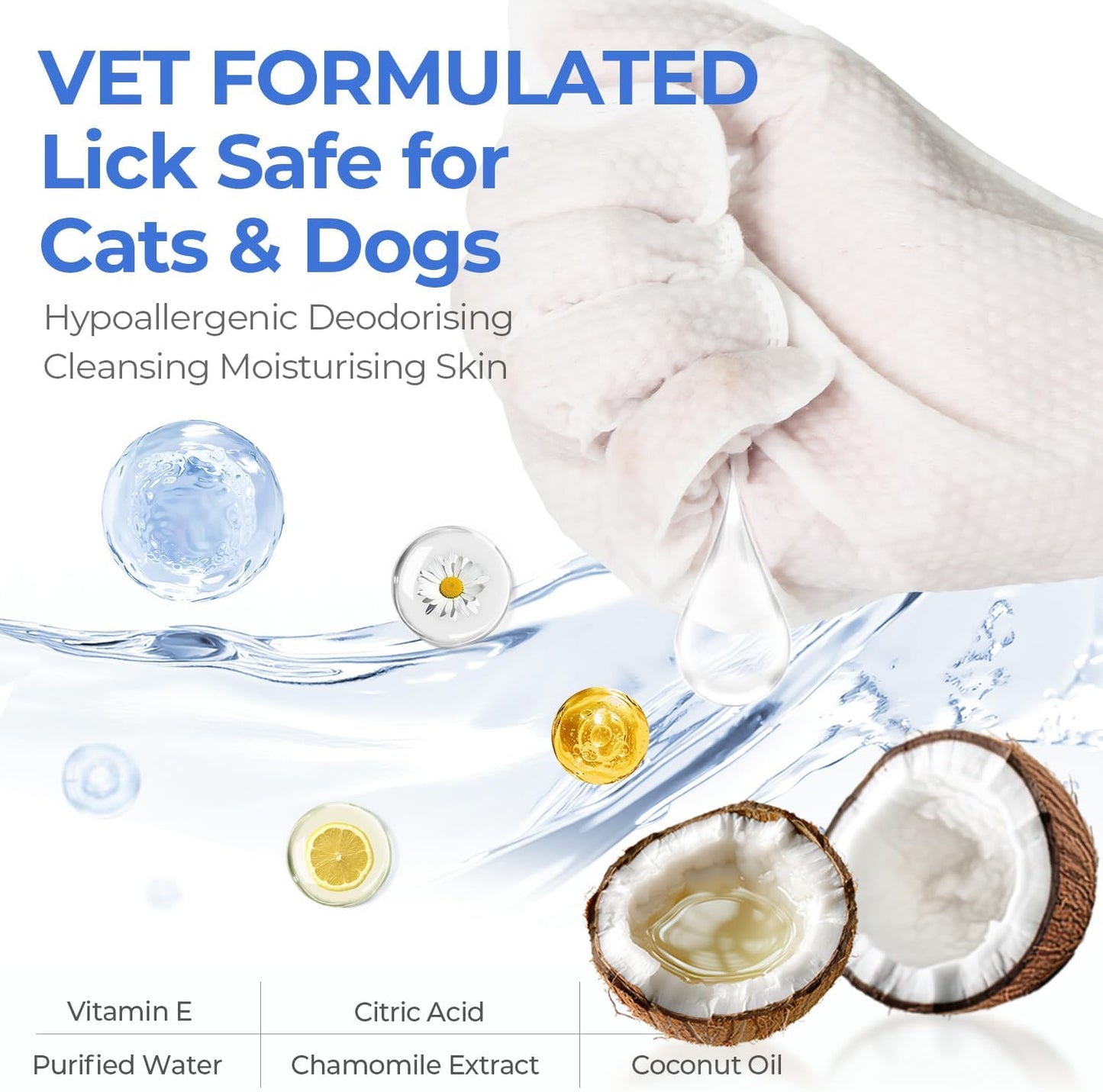 Pet Cleaning Glove Wipes for Dogs & Cats, Hypoallergenic Deodorizing Disposable Bathing Wipes,No-Rinse Grooming Wipes,Perfect for Pet Dry Cleaning,Daily Care and Travel, Coconut Scent, 24 pcs