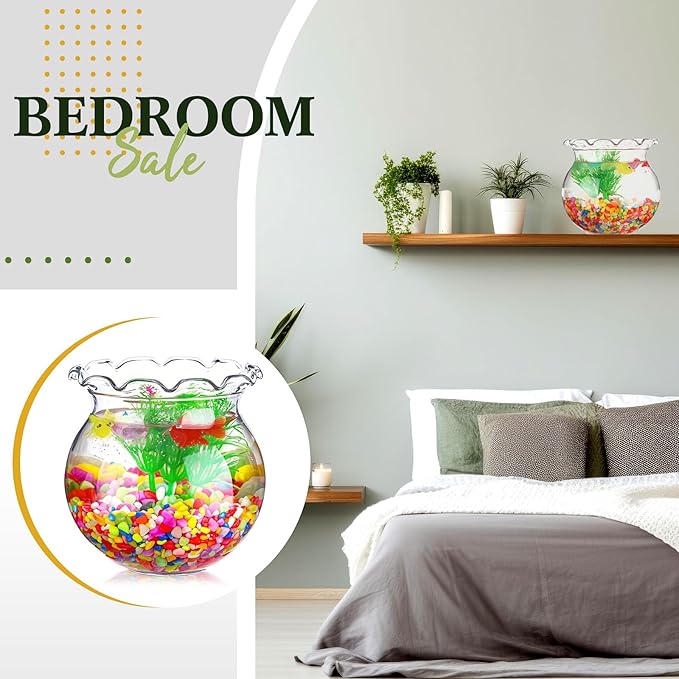 Jexine 12 Pack Plastic Fish Bowl 48 Pcs Floating Fake Goldfish 12 Pcs Artificial Aquatic Plant 2.65 Pound Tank Rock for Aquarium Tank Party Table Centerpiece Decoration Accessories(Colored Stone)