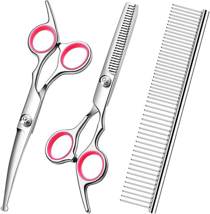 Dog Grooming Scissors with Safety Round Tips Stainless Steel Professional Dog Grooming Kit - Thinning, Curved Scissors and Comb for Cat Pet (Pink 4 in 1)