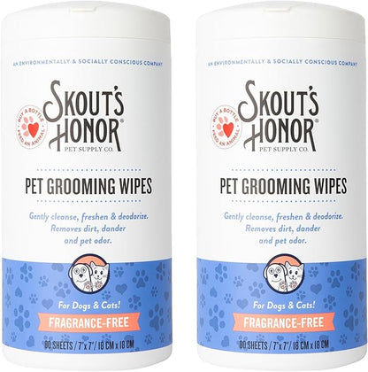 SKOUT'S HONOR Pet Grooming Wipes for Dogs and Cats - Deodorizing, Plant-Based, Biodegradable, Fragrance-Free - for Paws, Faces, Skin Folds & Bums, 80 Count, 2-Pack