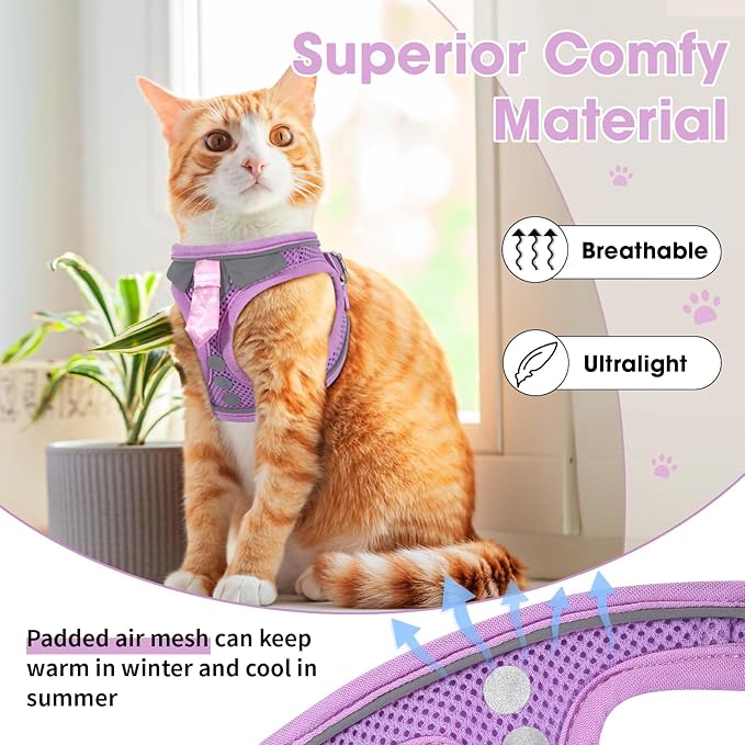 Cat Harness and Leash Set for Walking Escape Proof, Soft Adjustable Kitten Harness Breathable Mesh with Reflective Strips Harness for Kitty Puppy Bunny(Purple,XS)