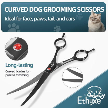 7.0" Professional Dog Grooming Scissors Kit – 3-Piece Set with Straight, Curved & Thinning Shears, Black Japanese Stainless Steel, Includes Grooming Comb for Dogs & Cats