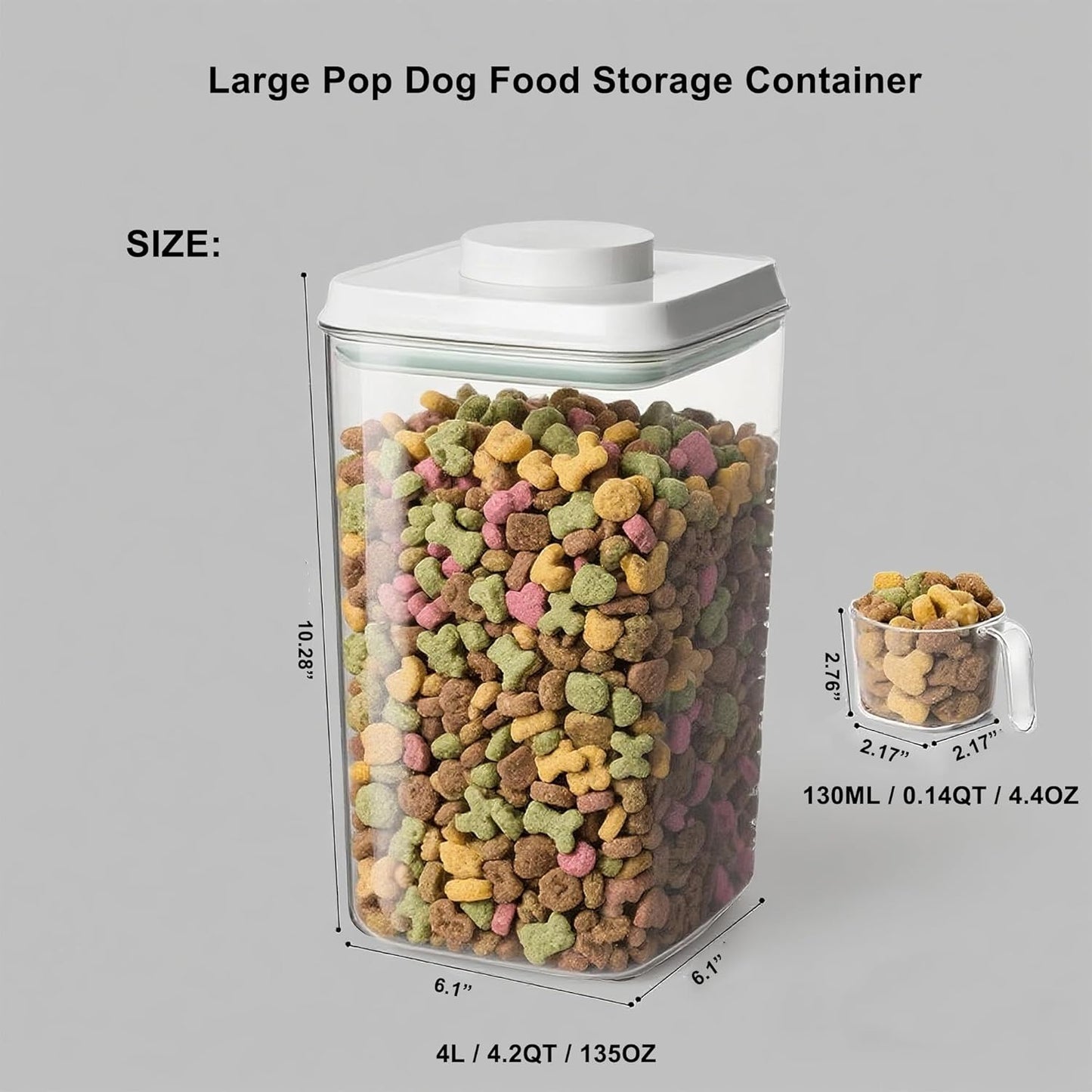 3-5 Lbs Dog-Cat Pop Treat - Airtight Jar - Pet Food Storage Container for Kibble & Treats, 4L/4.2qt with 130ml/0.14qt Half Scoop Stackable Pop Lid Plastic Container with Lid