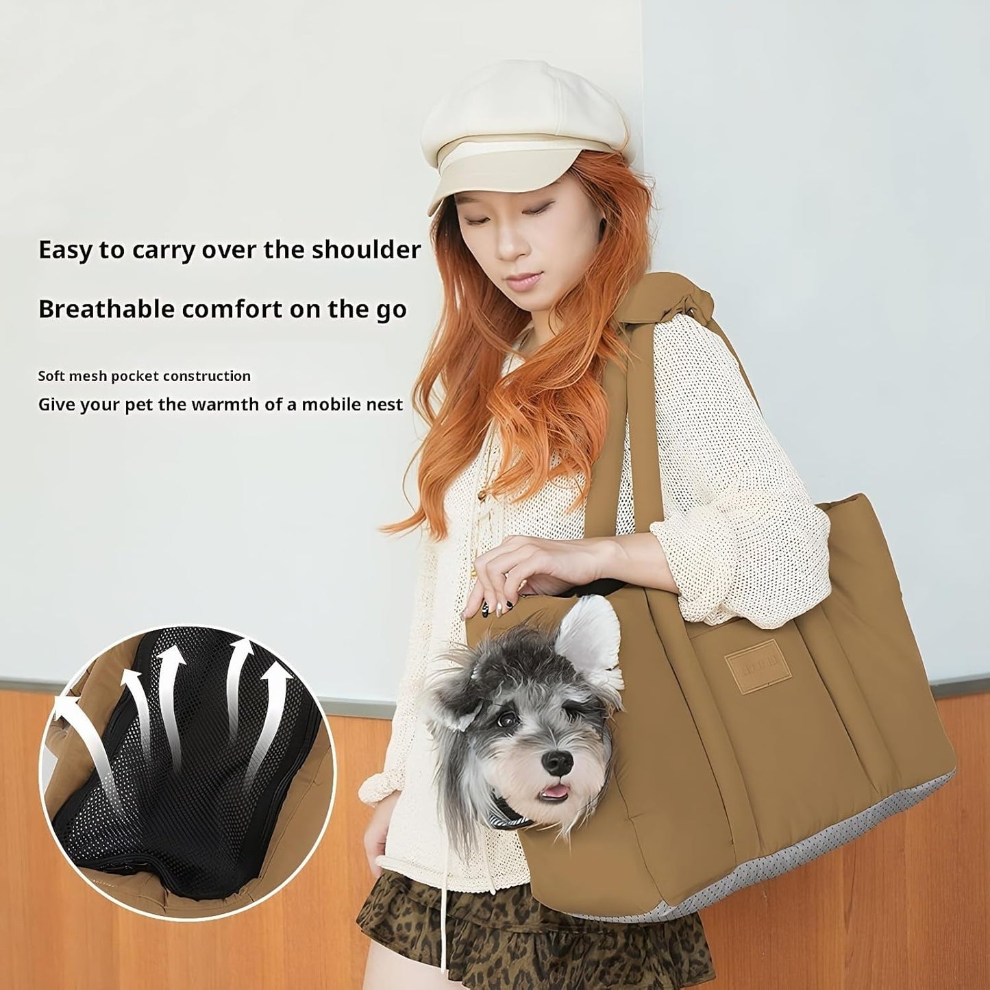 Dog Walking Bag Sling, Dog Carrier Purse with Safety Leash Clip,Warm Soft Sided Pet Carrier Purse for Small Medium Dogs Cats Portable Hands-Free Shoulder Tote for Outdoor Travel (Light Khaki)