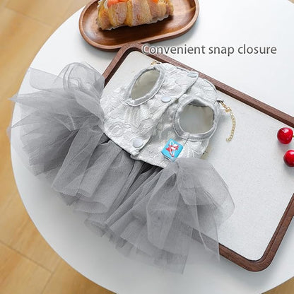 ANIAC Gray Dog Dress for Small Dogs Female,Bow Knot Girl Puppy Clothes with Detachable Pearl Necklace, Elegant Cat Dress, Formal Pet Pary Outfit for Wedding Birthday Valentines (Gray, Large)