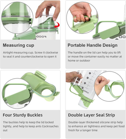 Dog Food Storage Container, Upgraded Large Nozzle BPA-free, 3-5 LBS Plastic Pet Food Storage Containers, With 4 Sealed Clasps, 1 Measuring Cup and Handle (Bright Green)