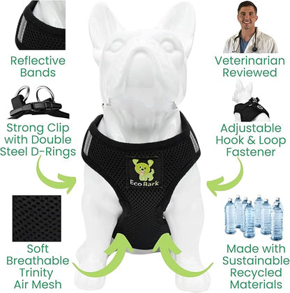 EcoBark Step in Dog Harness - Eco-Friendly Teacup Dog Harnesses for XXS, XS, and Small Dogs - Reflective and Adjustable Mini Body Halter Vest -Tiny Soft Mesh Toy Breed Harness Under 5 lbs (Black, XXS)