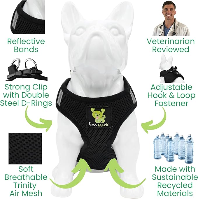EcoBark Step in Dog Harness - Eco-Friendly Dog Harnesses for XS, Small, and Medium Breed Dogs - Reflective and Adjustable Body Halter Vest - Soft Luxurious Mesh Toy Breed Harness (Black, Medium)