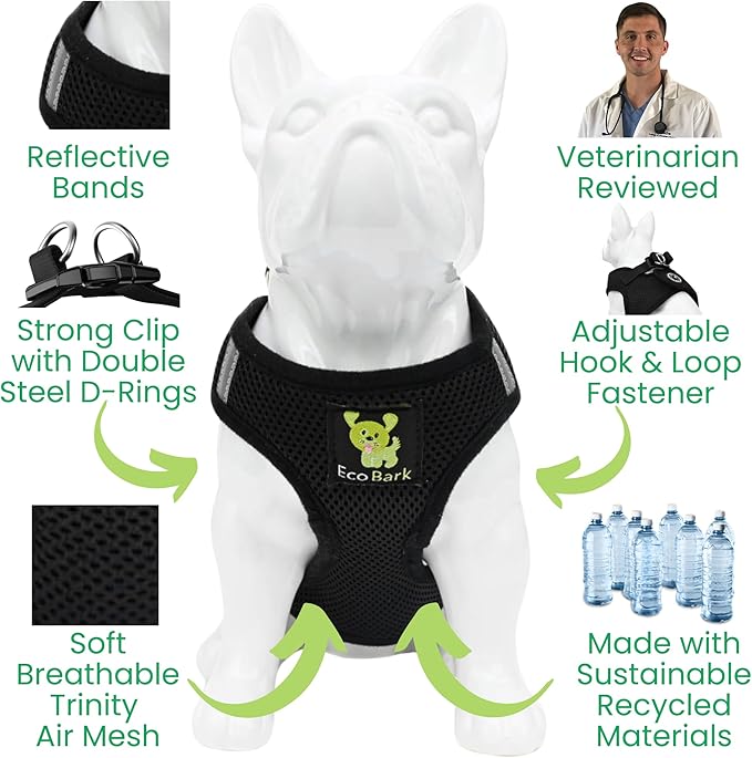 EcoBark Step in Dog Harness - Eco-Friendly Teacup Dog Harnesses for XXS, XS, and Small Dogs - Reflective and Adjustable Mini Body Halter Vest -Tiny Soft Mesh Toy Breed Harness (XXXS, Black)