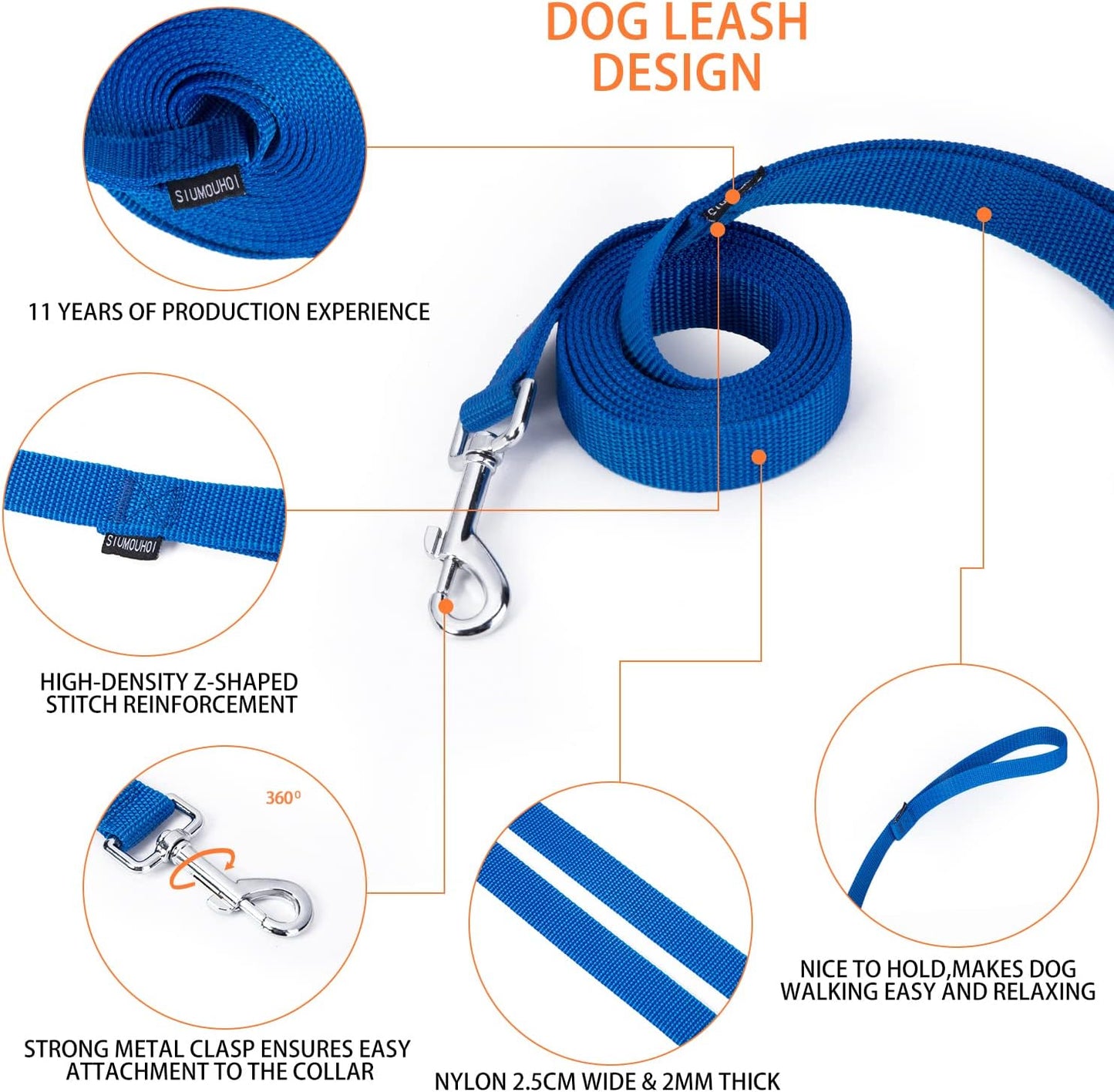 Strong Durable Nylon Dog Training Leash, 1 Inch Wide Traction Rope, 6 ft 10ft 15ft Long, for Small and Medium Dog (Blue, 6 Feet)