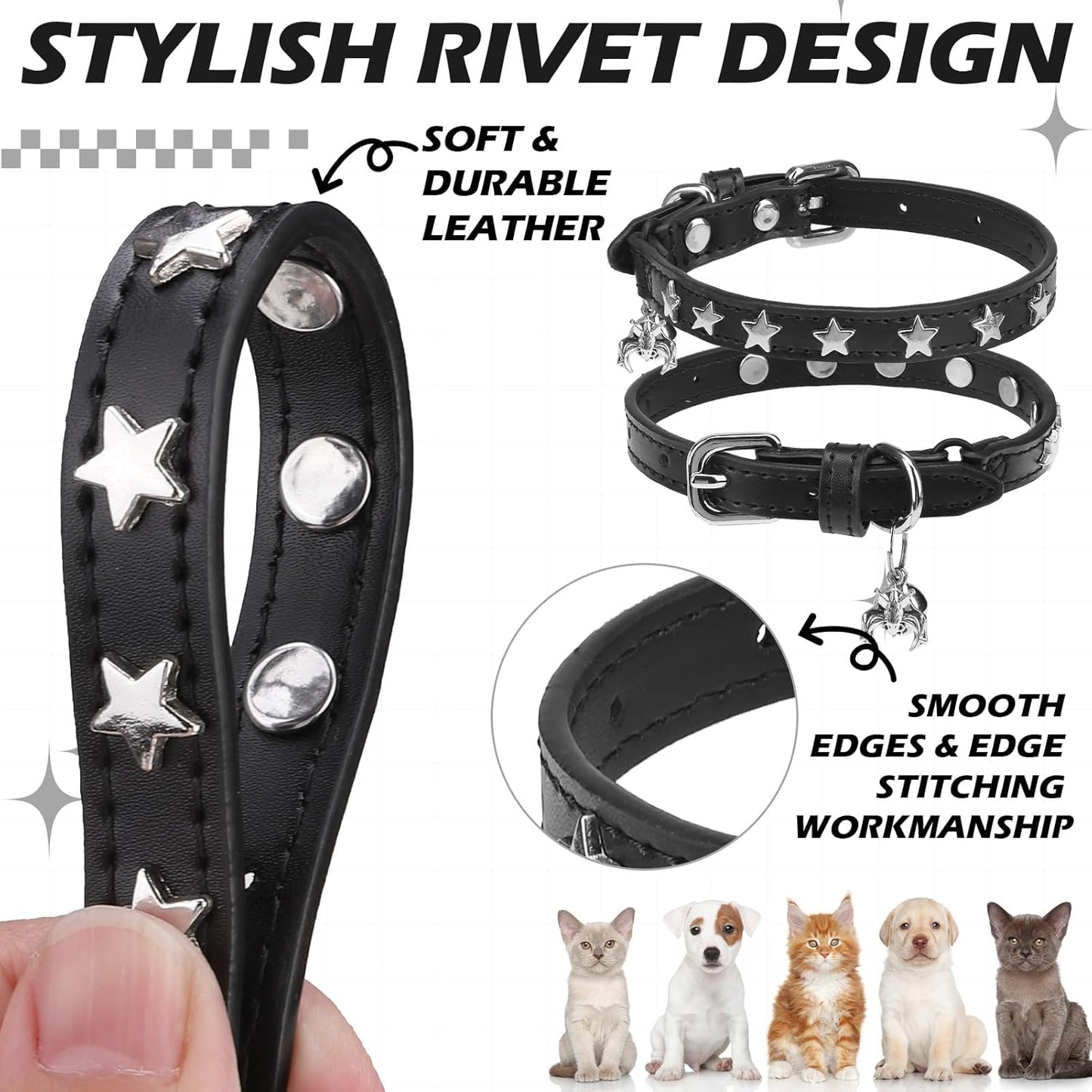 EXPAWLORER Halloween Leather Cat Collar - Adjustable Pet Collar with Rivet Spike for Girl Boy Cats, Punk Accessories with Bell & Durable D-Ring,Silver Pentagram
