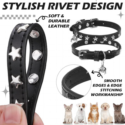 EXPAWLORER Halloween Leather Cat Collar - Adjustable Pet Collar with Rivet Spike for Girl Boy Cats, Punk Accessories with Bell & Durable D-Ring,Silver Pentagram