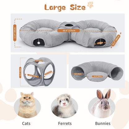 Pawaboo 2-in-1 Cat Tunnel Bed for Indoor Cats, 8-Shaped Large Cat Tunnels with Plush Cushions, Foldable Cats Cave Hideout Kitty Toys with Fluffy Balls, Donut Tunnel for Kitten Rabbit Ferret, Grey