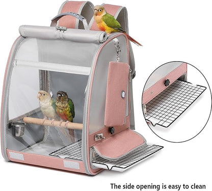 Bird Carrier Backpack, Portable Travel Bird Cage with Standing Perch, 2 Feeder Cups, Iron Mesh Stand & Removable Tray Lightweight, Breathable Mesh Window for Parrot Carrier，Easy Clean (Pink)