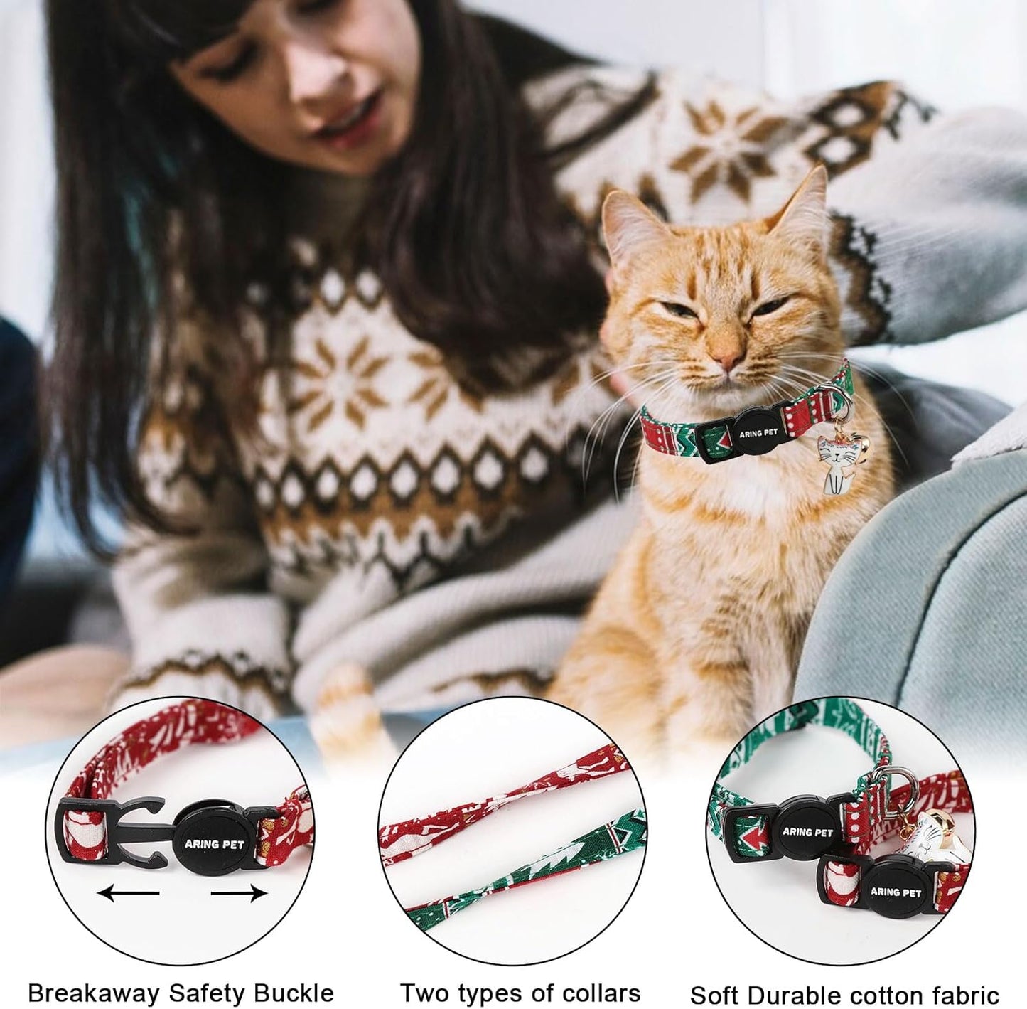 ARING PET 2 Pack Christmas Cat Collars-Cute Cat Collar Breakaway with Bell&Pendant, Adjustable Red Green Kitten Collars with Safety Buckle for Girl and Boy Cats
