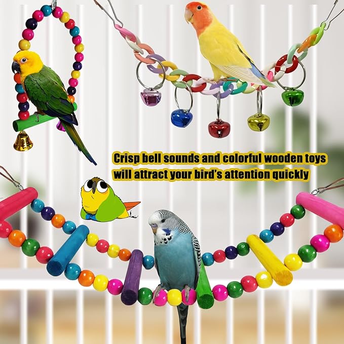Parakeet Toys,7 Pcs Colorful Bird Toys for Parakeets,Pet Bird Cage Hammock Swing Climbing Ladders Chewing Toy Mirror Hanging Bell Wooden Perch for Budgerigar,Conures, Love Birds,etc