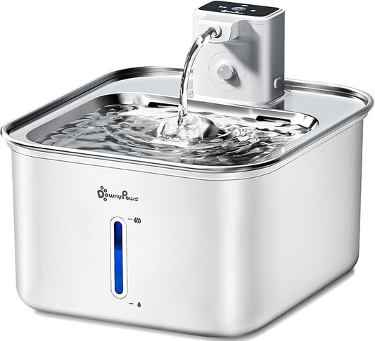 DownyPaws Cat Water Fountain Stainless Steel Cordless, 101 oz/3L FurSink Wireless Cat Water Dispenser for Pets, Battery Operated Pet Drinking Fountain with Motion Sensor, Easy Clean, White