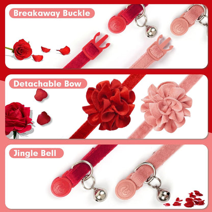 azuza 2 Pack Cat Collar Floral with Bell and Removable Flower Bowtie Breakaway Adjustable Velvet Fabric Cat Collar for Pets and Daily Decoration，Wine Red & Rose Pink