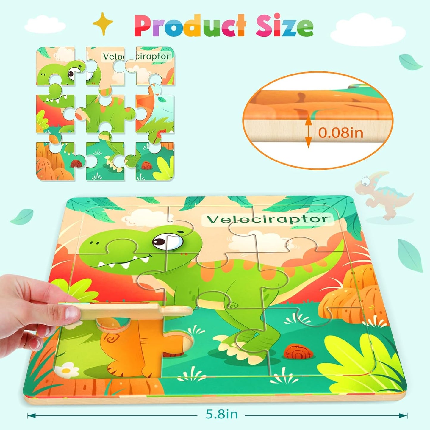 Wooden Puzzles for Toddlers, 8 Pack Dinosaur Jigsaw Puzzles for Kids3-5, 9 Pieces Preschool Learning Activities, Learning & Educational Puzzles, Gift for Boys, Girls