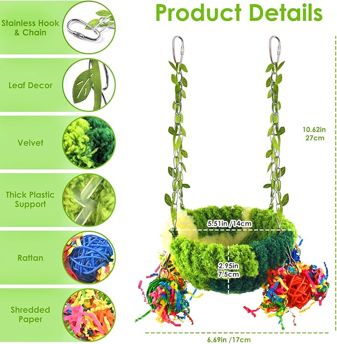 KATUMO Bird Nest, Conure Breeding Bed Parrotlet Snuggle Nest Lovebird Bed Bird Swing Bed for Small Birds, Size Small