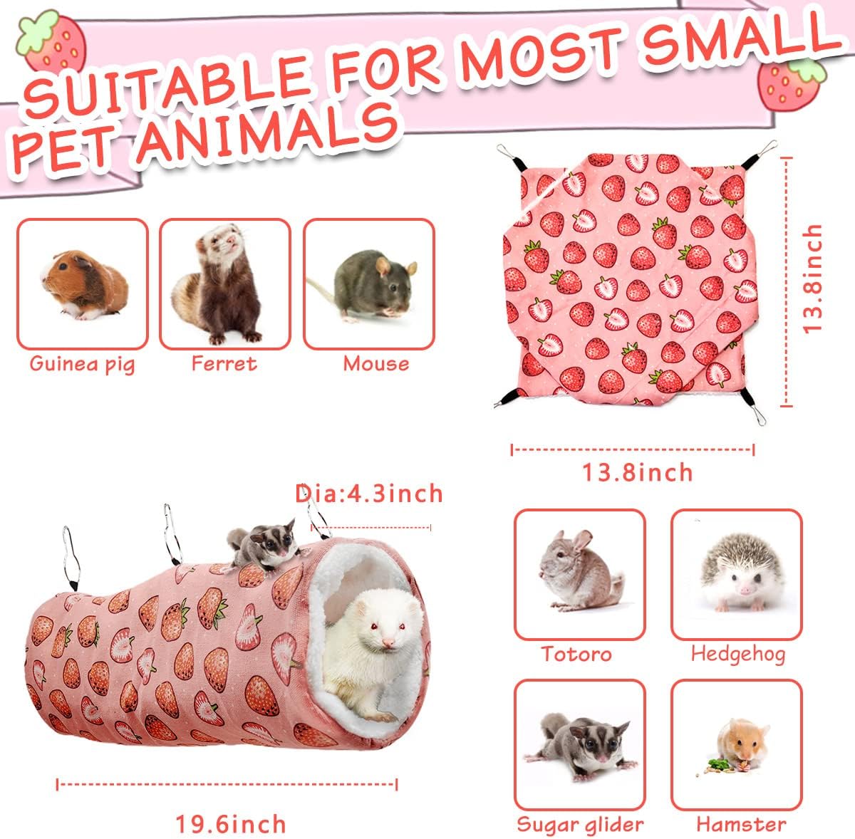 LEFTSTARER Pet Small Animal Hanging Hammock Ferret Bunkbed Hammock Cage Toy for Hamster Rat Sugar Glider Parrot Guinea Pig Hideout Play Sleep (Strawberry Hammock and Tunnel)