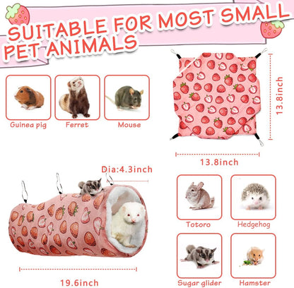 LEFTSTARER Pet Small Animal Hanging Hammock Ferret Bunkbed Hammock Cage Toy for Hamster Rat Sugar Glider Parrot Guinea Pig Hideout Play Sleep (Strawberry Hammock and Tunnel)