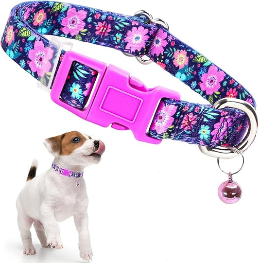 Flower XXS xs Dog Collar with Bell, Soft Adjustable Puppy Collar Tiny Cat Collars with Bells for XS Small Girl and boy Dogs Little Animal,XSmall