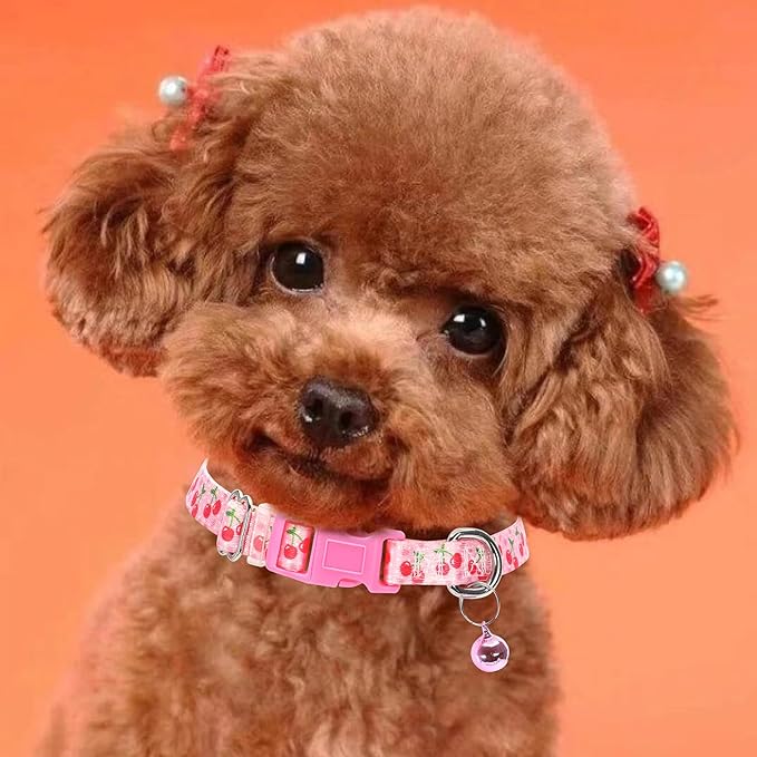 Cute Small Dog Collar with Bell,Pink Cherry Puppy Collar Tiny Cat Collars with Bells for XS Small Pet boy and Girl Dogs Kitten Little Animal,Small