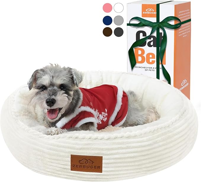 23in Cream Round Cat Dog Bed Gift for Large Medium Small Dogs Cats, Machine Washable Sleeping Sofa, Non-Slip Bottom Breathable Soft Calming Pet Cuddler for Indoor/Outdoor/Car/Cage