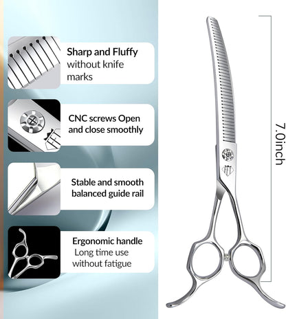 Professional Curved Thinning Scissors for Dog Grooming, 30-Degree Curvature, Japanese 440C for Trimming Dogs Cats and Other Pets face and paws (Curved Blender)