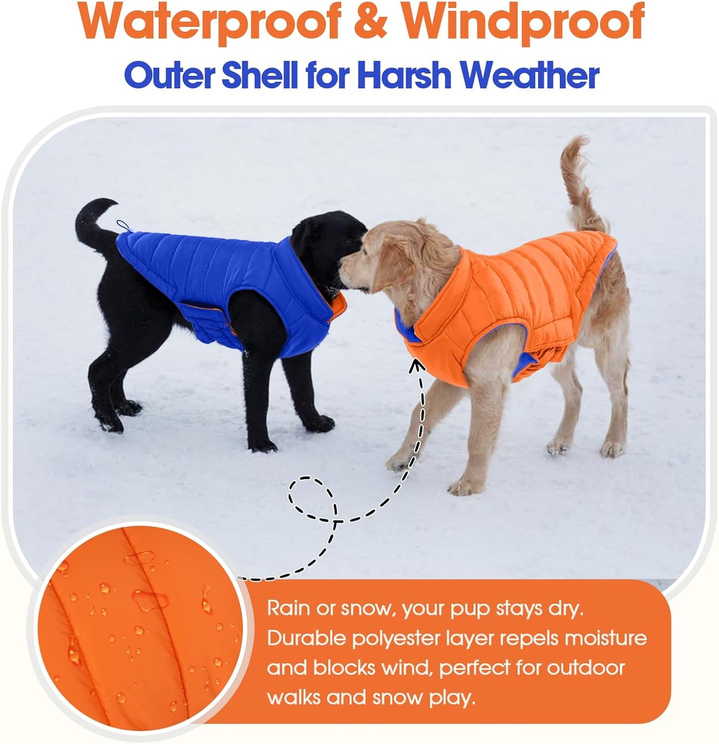 QBLEEV Reversible Dog Coat for Medium Dogs, Waterproof Windproof Winter Jacket Keeps Dogs Warm in Snow, Adjustable Hook & Loop Lightweight Dog Puffer Vest, Orange, L – Fits French Bulldog