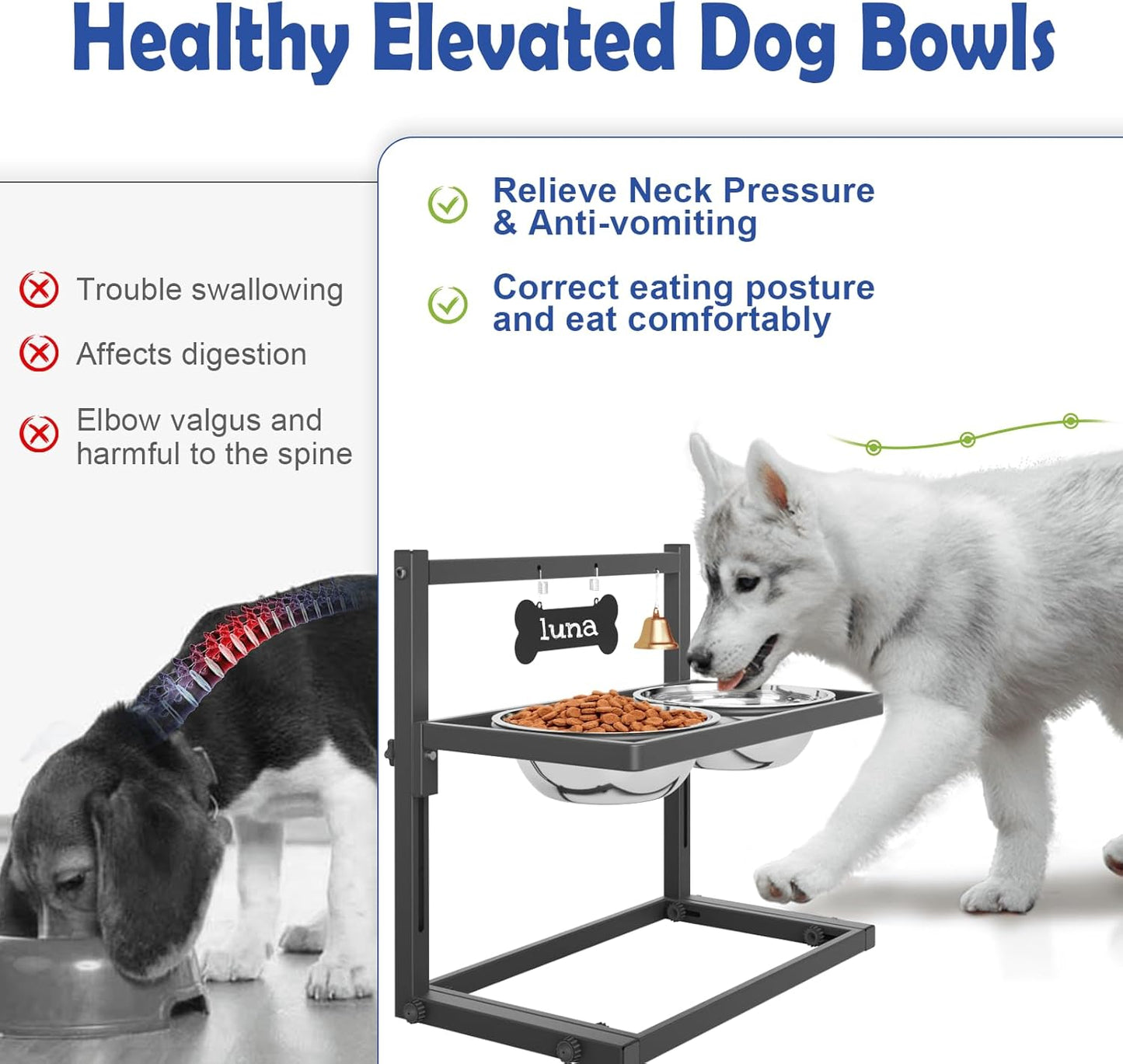 Elevated Dog Bowls for Medium and Small Dogs, 5 Adjustable Height, Raised Dog Bowl Stand with 2 Stainless Steel Dogs Food Bowls, Metal Strong Pet Bowls Elevated