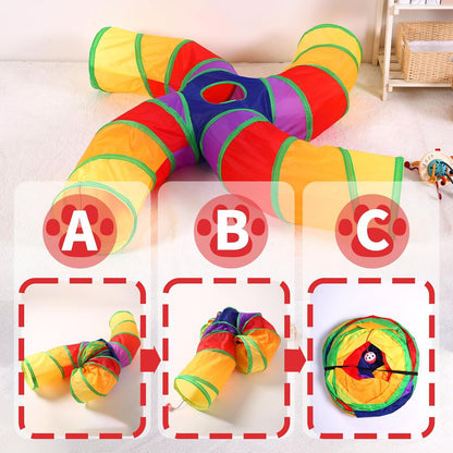 Pet Cat Tunnel, 4 Way Tunnels for Indoor Cats, Collapsible Pet Tunnel for Kitten, Puppy, Rabbit, 25cm-Wide Tunnels, Durable & Breathable, with Peek Hole Toy Ball
