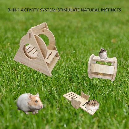 Poplar Wood Hamster Toys Set: Triangle Swing, Frog Seesaw & Bell Roller - Chewable Cage Decor for Dwarf/Syrian Hamsters, Gerbils, Mice (秋千、响铃、跷跷板、)
